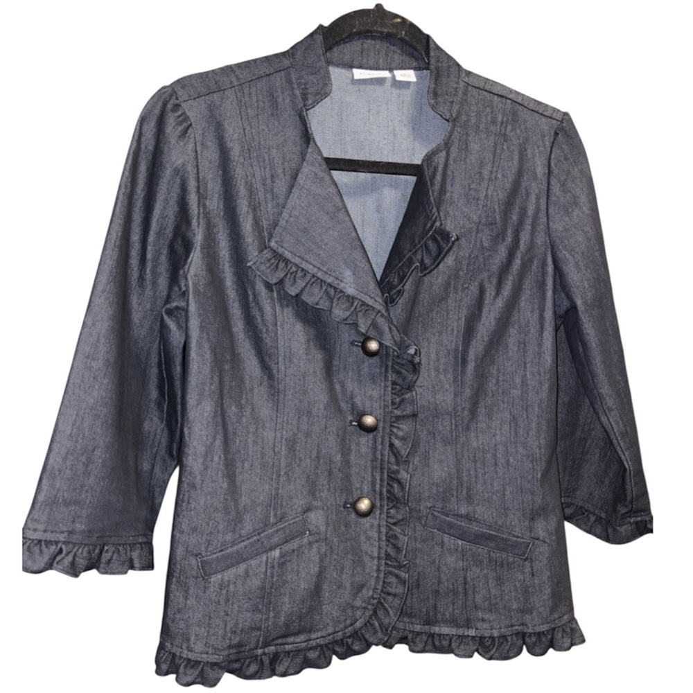 #86 Cato Dark Wash Women's Ruffled Denim 3 Button Blazer W/ Beautiful Buttons
